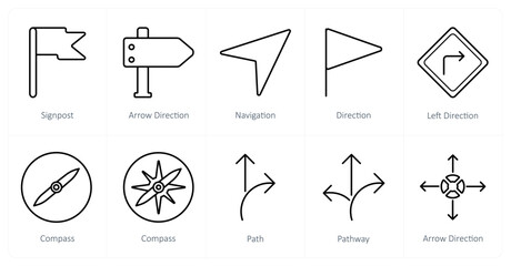 A set of 10 Navigation icons as signpost, arrow direction, navigation