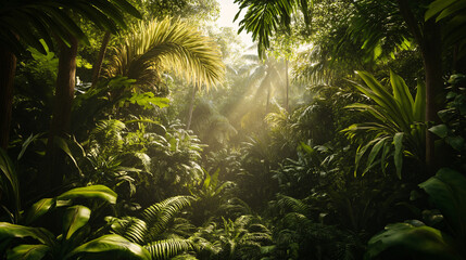 Naklejka premium A dynamic scene of a tropical rainforest, showcasing diverse tree species and rich biodiversity.