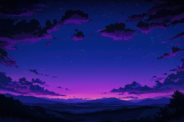 Naklejka premium A vibrant twilight sky over serene mountains embraces the tranquil evening horizon