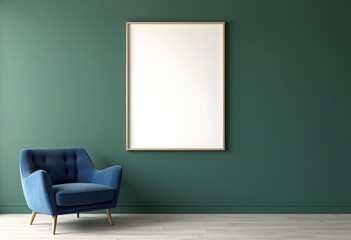 Wicker chair and empty picture frame on blue wall background
