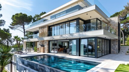 Fototapeta premium A contemporary two-story villa by the shore, highlighting a large terrace and an empty swimming pool space in the front. The villa is made of stone and glass