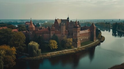 Fototapeta premium A large castle sits atop a lush green hillside, surrounded by nature