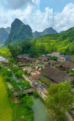 Aerial of an ancient rock village in Trung Khanh, Cao Bang, Vietnam. Khuoi Ky old village of the...