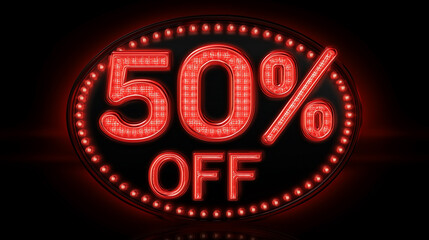 Bright red neon sign displaying a bold 50 percent off discount, commonly seen in retail stores during sales or promotions 