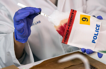 Criminalistics police write victim's details in bloodstained gauze murder, conceptual image