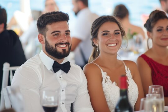 Joyful celebration at a wedding reception by the sea with smiling guests in elegant attire