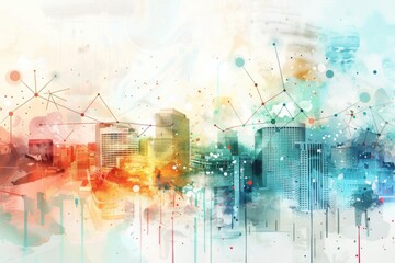 Obraz premium Watercolor cityscape with modern architecture and urban landscape