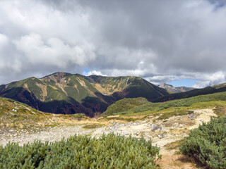 北アルプス弓折岳から望む双六岳の雄大な風景
