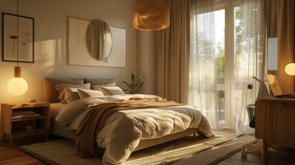 Obraz premium A cozy desert Scandinavian bedroom with a double bed, a headboard