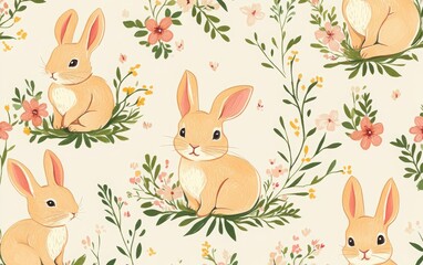 Obraz premium A creative seamless Easter pattern with cute bunnies and blooming flowers, hand-drawn using markers for a whimsical and charming holiday look
