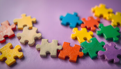 Obraz premium Colorful puzzle pieces on lilac background. Concept of autistic disorder isolated with white highlights, png