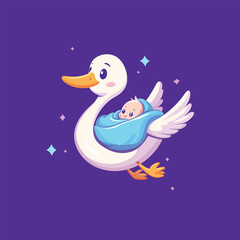 Cute Stork Bird Carrying Baby Cartoon Vector Illustration