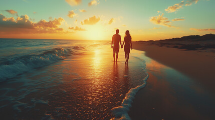 Fototapeta premium Couple holding hands on a deserted beach, perfect for travel, romance, or wedding-themed campaigns.