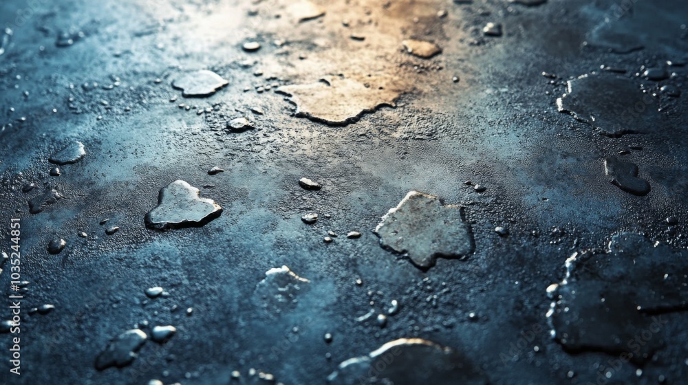 Poster The scene features a close-up view of water droplets scattered across a metallic surface, reflecting soft light and creating intricate textures in a darkened setting.