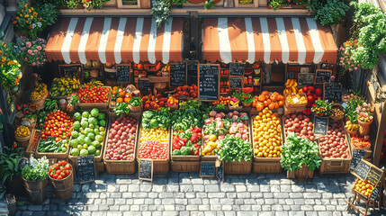 Top view of a crowded urban farmers market, with fresh produce and colorful stalls, ideal for organic food or local business promotions.