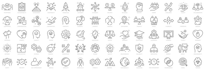 Big set of core values related icons. Caring, collaboration, community, diversity, friendship etc. Editable stroke.