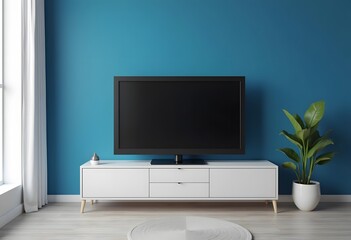 TV wide screen on the TV stand in modern living room. 3d illustration
