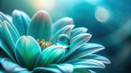 Fototapeta premium A delicate teal droplet of water clings to the edge of a flower petal, petals, intricate, floral
