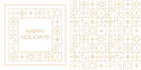 Gold line Christmas greeting card and seamless pattern. Christmas New Year geometric linear frame, icon grid background.