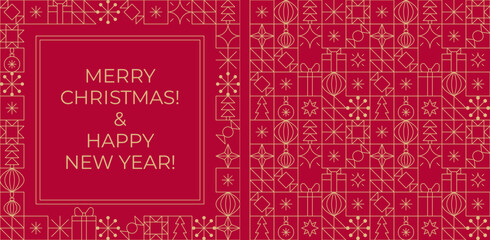 Gold line Christmas card and seamless pattern. Christmas and New Year linear frame and geometric icon grid background.