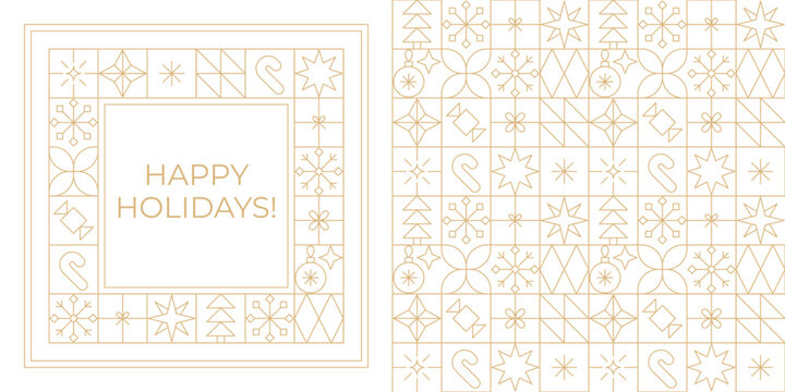 Gold line Christmas greeting card and seamless pattern. Christmas New Year geometric linear frame, icon grid background.