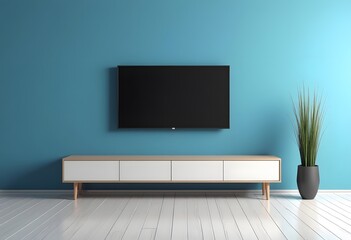 TV wide screen on the TV stand in modern living room with white wall. Side view. 3d illustration
