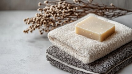 Natural soap on decorative stone plate with towels arranged in a calm, minimalistic bathroom setting