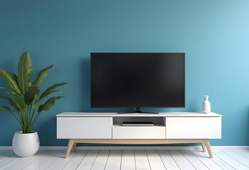 TV wide screen on the TV stand in modern living room with white wall. Side view. 3d illustration
