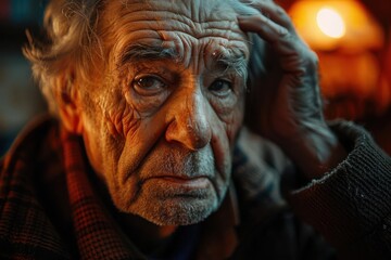 Elderly man with throbbing headache, dark room, holding head, soft lamp light, close-up, melancholic atmosphere, warm tones