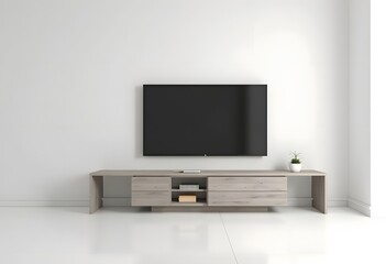 TV wide screen on the TV stand in modern living room with white wall. Side view. 3d illustration
