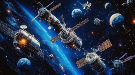 Naklejka premium Spacecraft orbiting Earth with solar panels and distant planets