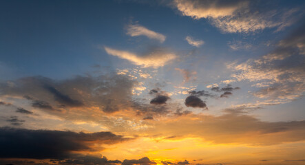 Horizon panorama and dramatic twilight sky and cloud sunset background. Natural sky background texture, beautiful color.