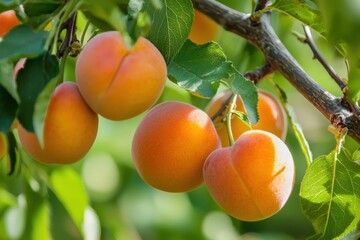Ripening apricots on a lush branch in a sunlit orchard during the warm summer months