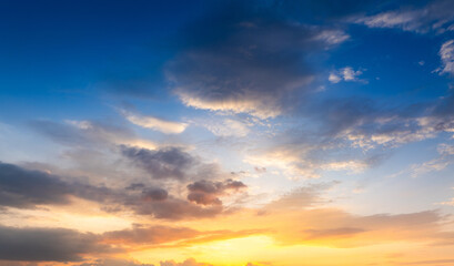 Horizon panorama and dramatic twilight sky and cloud sunset background. Natural sky background texture, beautiful color.