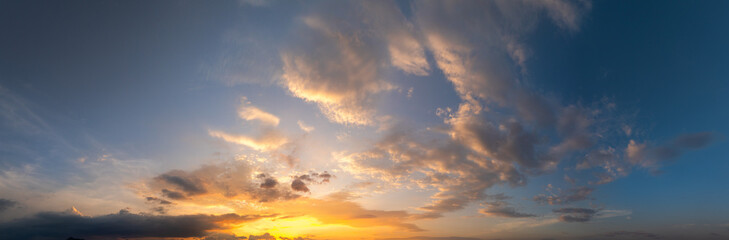 Horizon panorama and dramatic twilight sky and cloud sunset background. Natural sky background texture, beautiful color.