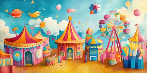 Fototapeta premium Colorful whimsical circus with Ferris wheel and tents.
