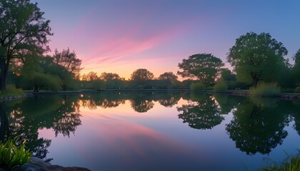 Obraz premium Twilight over a Calm Pond Surrounded by Trees and Reflected in Still Waters