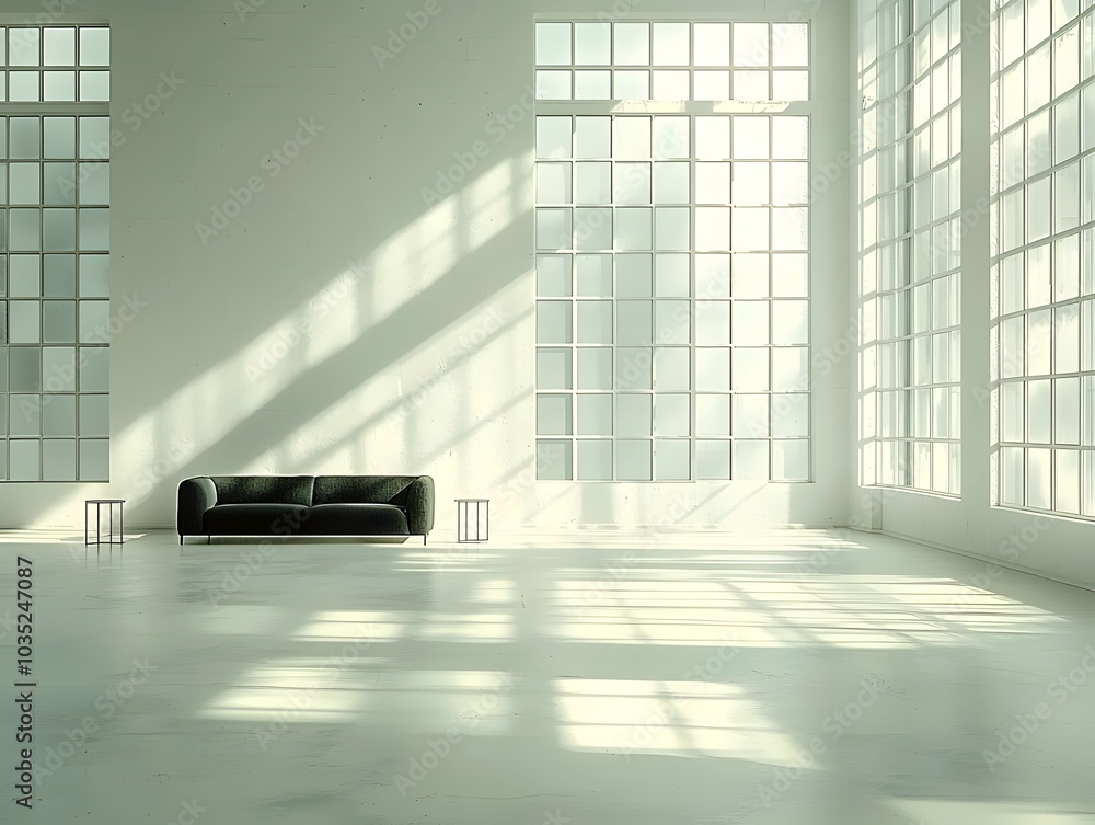Poster a modern minimalist living room with a black sofa, two side tables, and large windows. the sunlight 