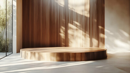 Wooden Platform with Natural Light and Shadows, Perfect for Product Displays