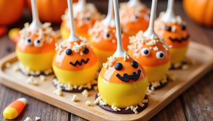 Candy Corn Themed Cake Pops Featured on a Creative Halloween Display Tray for a Fun Party Treat.