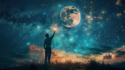 Obraz premium A mystical figure reaching out towards a glowing full moon in a starry sky, symbolizing love and longing. 