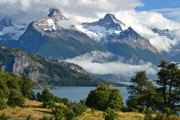 Breathtaking view of snow-capped mountains and lush greenery by a tranquil lake in Patagonia