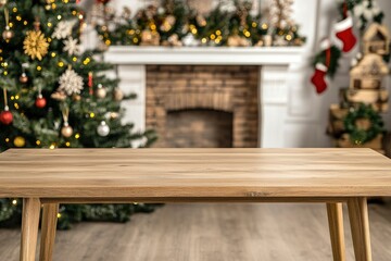 Empty table in front of christmas tree with decorations background. For product display montage with generative ai