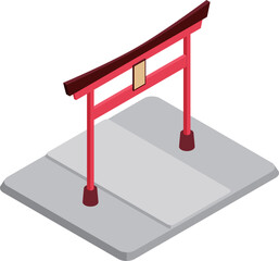 神聖な神社の境内、参道の入口に建つ赤い鳥居（アイソメトリックスな立体的イラスト素材、ベクター版）