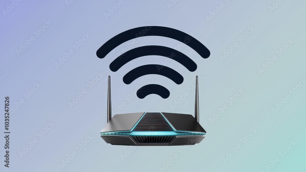 Aufkleber wireless internet router with strong wi fi signal broadcasting across a digital landscape representi