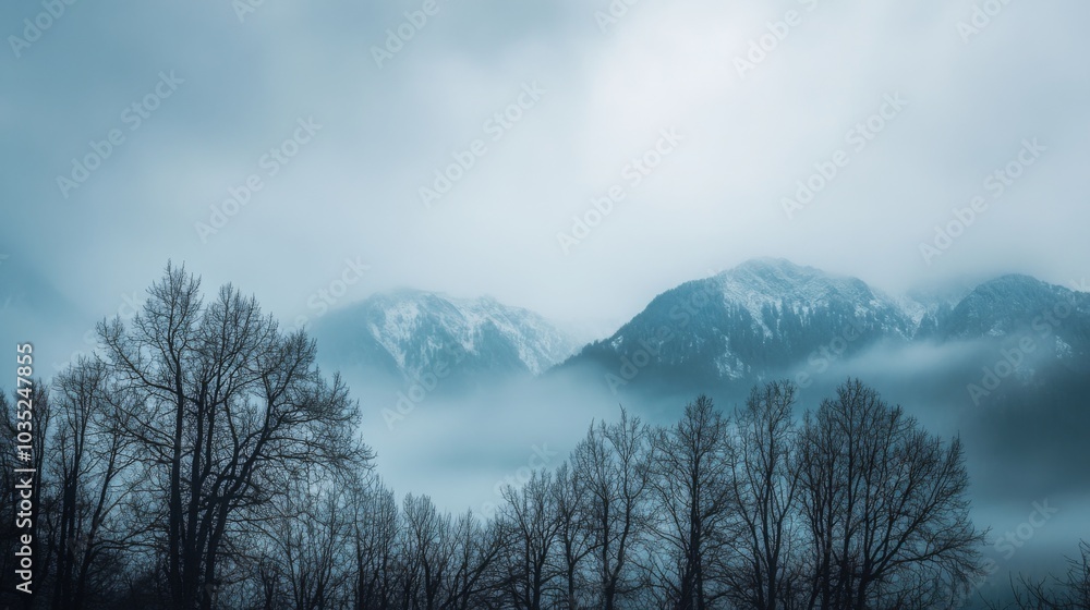 Poster a panoramic view of misty mountain peaks. the mountains are covered in a thick fog, giving the scene
