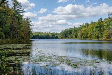 Obraz premium Serene lake surrounded by vibrant autumn foliage and colorful clouds in the afternoon sun