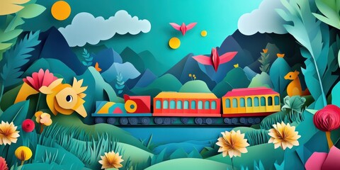 Paper-cut train travels through a colorful landscape.
