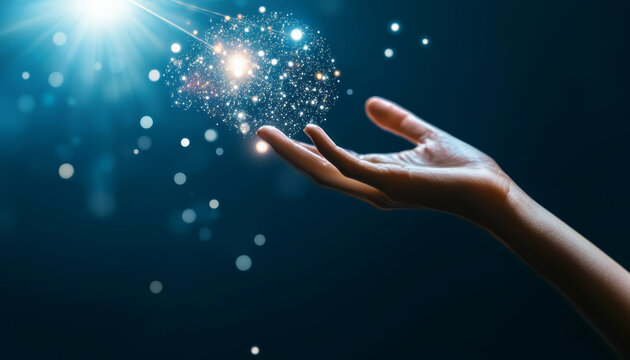 A digital brain, composed of shimmering data points and light streams, floating above a hand as it connects to a network of digital signals.