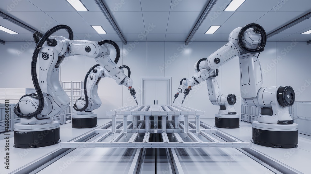 Poster futuristic robotic arms and high tech industrial machinery in a modern workshop showcasing advanced 